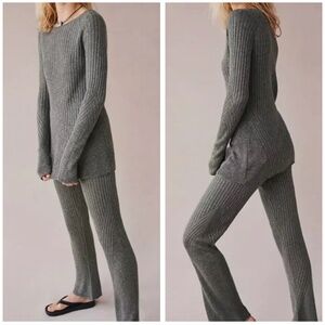 NEW Free People Asbury Knit Sweater Pants Set - Mulled Basil Gray Knit